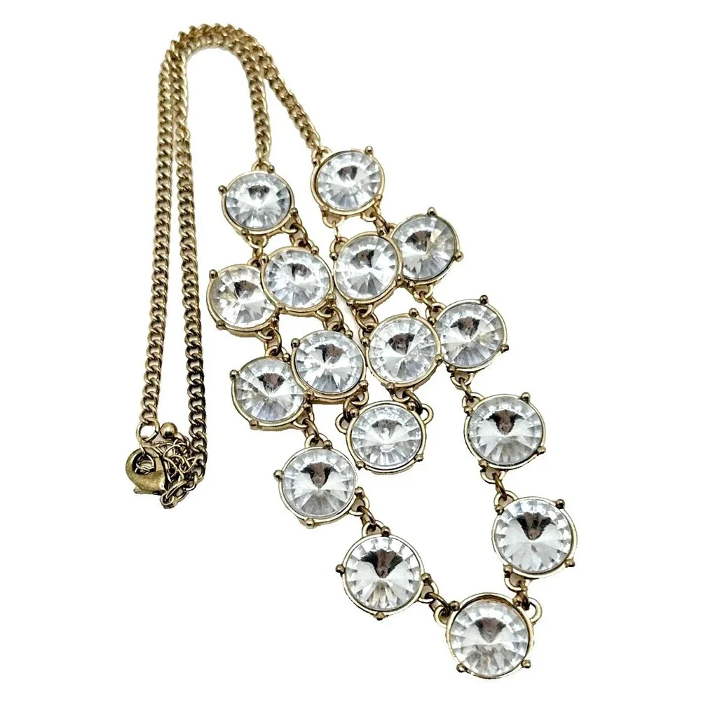 Rivoli Rhinestone Bib Necklace Crystal Gold Tone Double Strand Statement 18